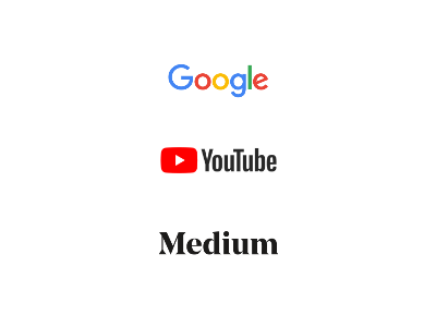 Logo’s of Google, YouTube, and Medium arranged vertically on a white surface