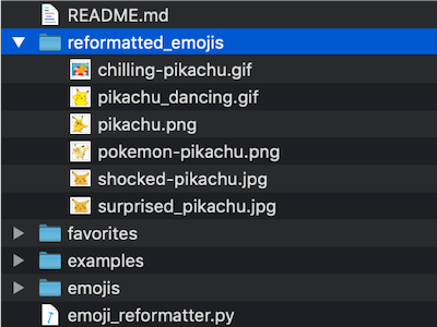 File structure after successfully running the python script. The reformatted_emojis folder contains 6 Pikachu emojis.