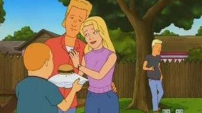 Brad Pitt and Laura Dern as Patch Boomhauer and Katherine in King of the Hill