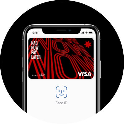 A view of a red and black NAB card in an Apple Wallet on an iPhone. The card says ‘NAB Now Pay Later’ and ‘Visa’.