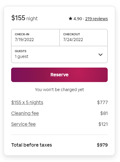 Screenshot of Airbnb payment summary card with the Reserve button in a gradient of dark red