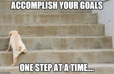 Photo of a puppy climbing some large stairs with the caption: Accomplish your goals one small step at a time