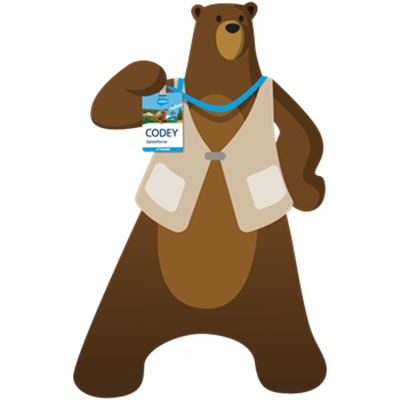 Trailhead character, Codey, holding up an event badge with his name on it.