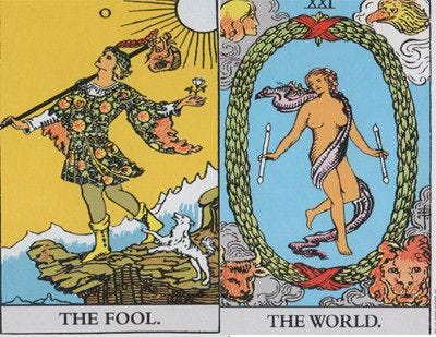 Two tarot cards; The Fool (on the left), and The World (on the right).