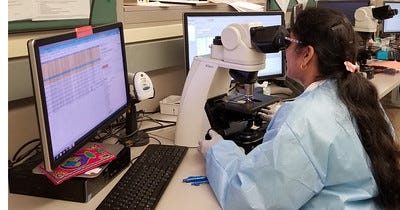 Woman looking into a microscope with two computer screens in front.