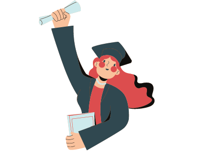 Red haired woman in graduation gown and cap holding a diploma in a raised fist and clutching a certificate in her other hand.