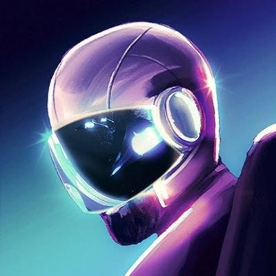 A drawing in retro style that shows a person with a space helmet on. With the use of the colors purple and blue.