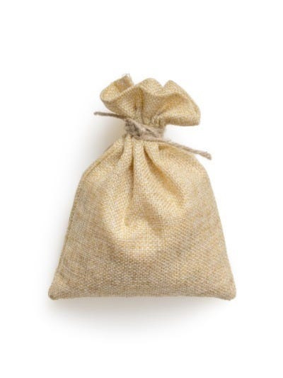 A light brown sack, tied shut at the top with rope