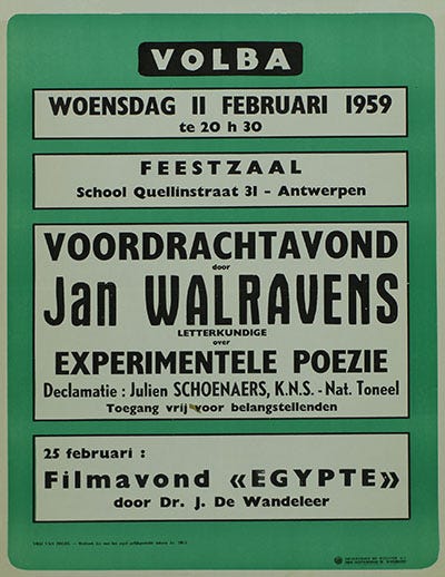 Affiche voor een voordrachtavond met Jan Walravens, 1959