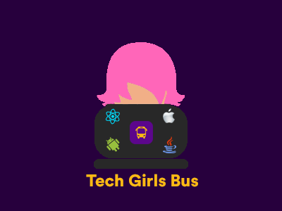 Imagem com fundo roxo demonstrando o desenho de uma mulher de tecnologia, cabelo rosa em frente ao seu notebook com adesivos geeks.