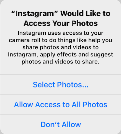 Screenshot of Instagram’s permission request to access the user’s photos