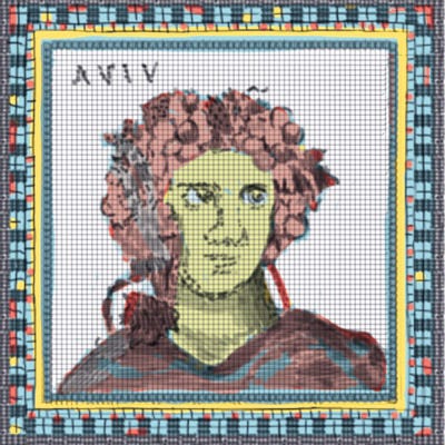 An antique Roman mosaic showing a man’s face.