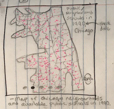 Hand sketched map of Chicago, using pink dots (point data) to illustrate the number of schools in Chicago in 1990.