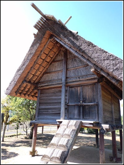A wooden windowless gabled structure, under a grass-thatched roof, elevated on stilts, with a wooden incline leading to the kura’s entrance.