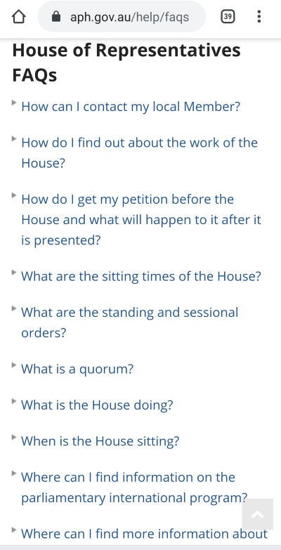 An FAQs Menu page in mobile view