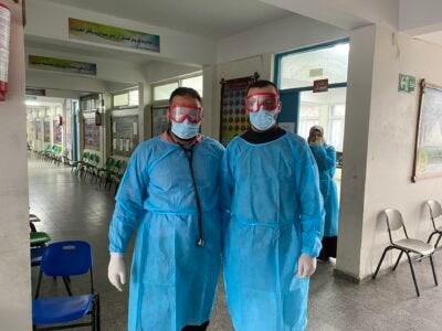 Health staff at Beit Hanoun Health Centre in Gaza wearing full personal protective equipment to protect themselves and others from the transmission of COVID-19 virus. @ 2020 UNRWA Photo by Dr. Nisreen Halabi