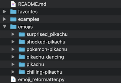 Screenshot of the file structure for the emoji reformatter before running the python script