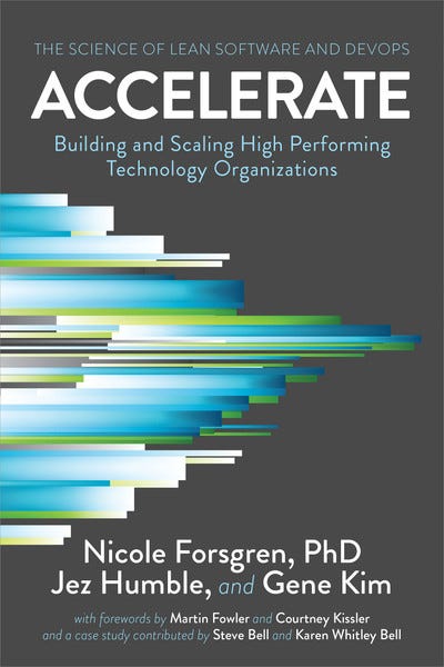 The cover of the book “Accelerate: Building and Scaling High Performing Technology Organizations”, by Nicole Forsgren, PhD, Jez Humble, and Gene Kim