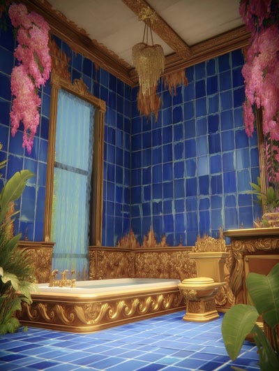 A photo of a kitschy bathroom with a golden toilet