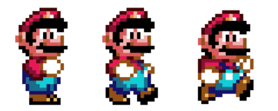 Three images of Mario during various stages of his walk