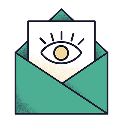 An illustration of a green envelope with a piece of paper showing an icon of an eye on a piece of paper inside.