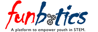 Text: “funbotics” in red and blue font with small image of gears turning, second line: “a platform to empower youth in stem.”