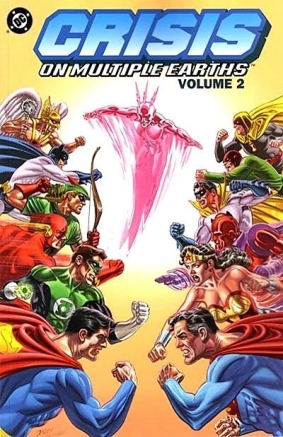 the cover of Crisis on Multiple Earths comic where the heros of Earth 1 and Earth 2 seem to be about to face off.