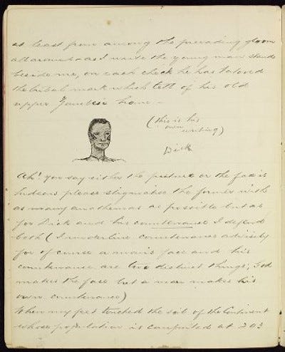A page of handwritten text, with a hand drawn illustration of the head and shoulders of a black man with tribal markings on his face.
