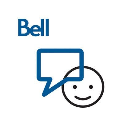 Bell Service provider Logo located on the top left hand corner of the photo with a square caption bubble on top of a smiley
