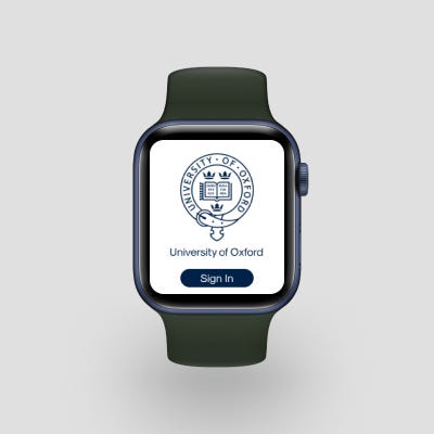 This is the home page of the watch appliaction I designed. It contains the logo of Oxford University along with a Sign-In button.