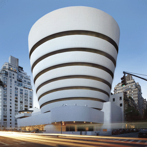Gif image of Guggenheim Museum, with the floors dancing, showing the idea behind the architecture.