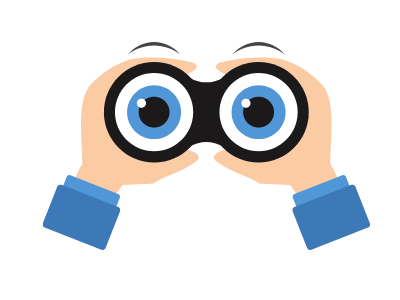 Hands holding binoculars with blue eyes magnified in the lenses
