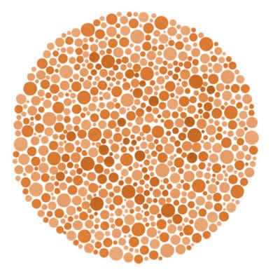 A colorblind test made up of orange circles, but has no contrasting green circles. (Normally there is a hidden message or image.)