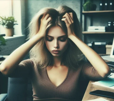 Vrouw met lang blond haar in kantoor heeft korstsluiting in de hersenen door stress.
