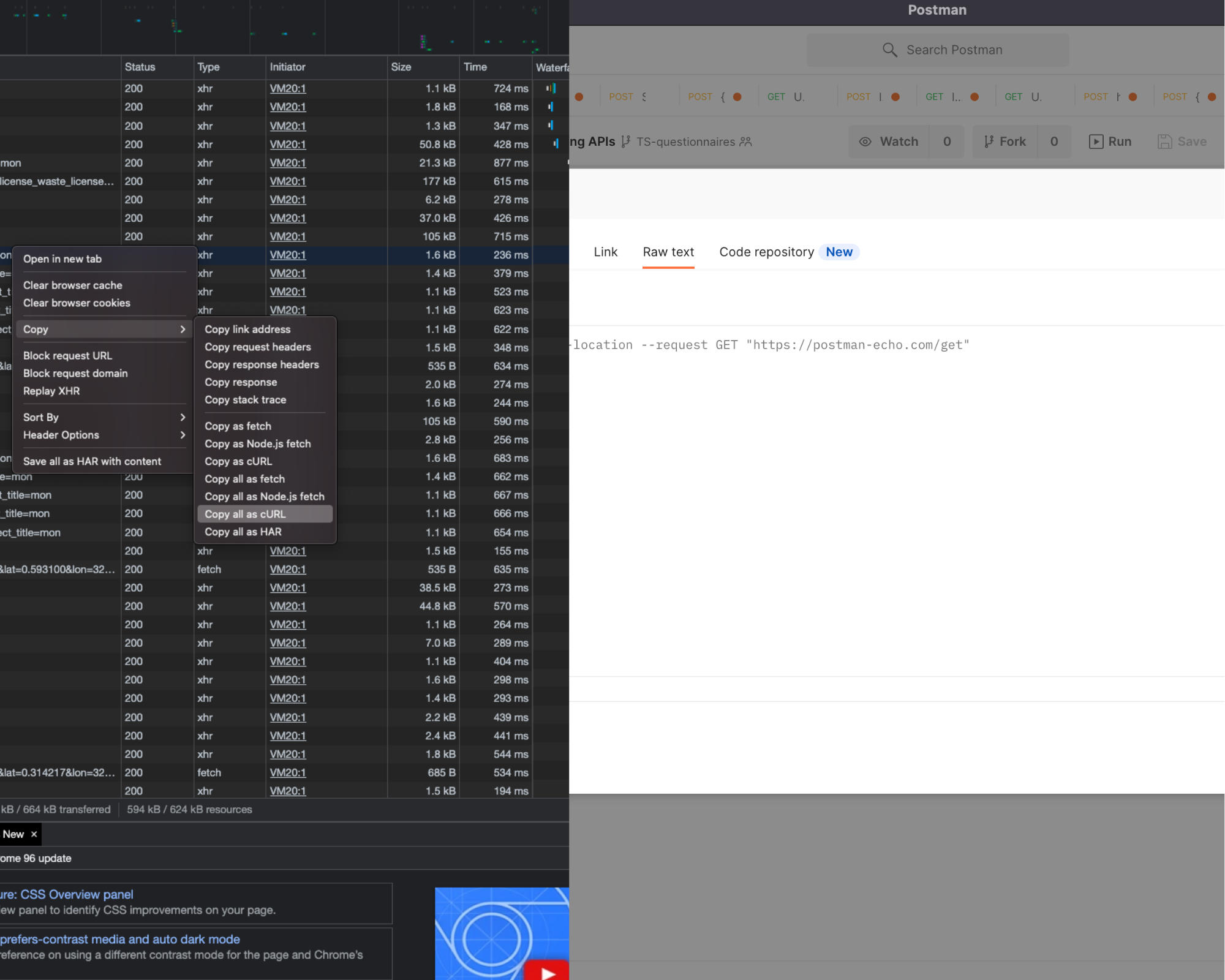Postman and Chrome Dev Tools Screenshot