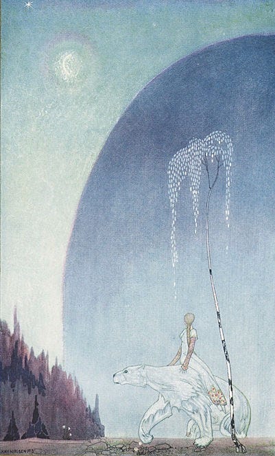 Young woman riding on a polar bear on a moonlit night in natural landscape.
