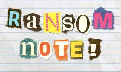 Torn paper letters on lined paper spelling out “ransom note!”