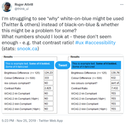 A tweet from the author in 2019 questioning why twitter uses white on blue rather than black on blue, despite contrast values of 2.8 and 7.4 respectively