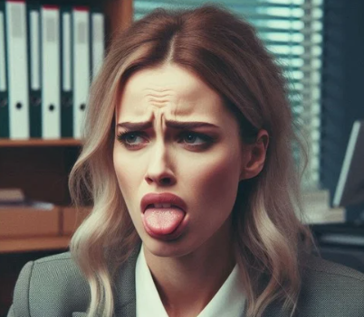 Vrouw met lang blond haar in kantoor heeft last van zoete smaak in mond door stress.