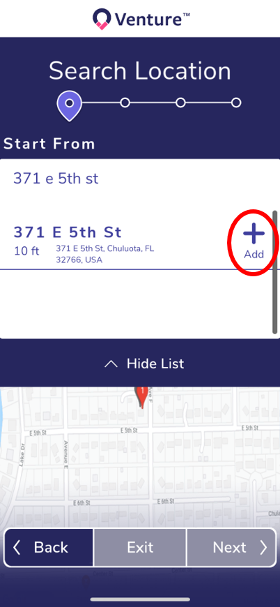 Route creation screen showing that the clickable area to add a destination is too small
