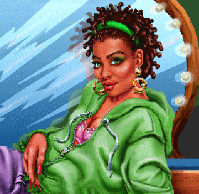 A picture of Shablee from Leisure Suit Larry 6: Shape Up or Slip Out! She is the unfortunate perpetrator of an unfortunate scene.