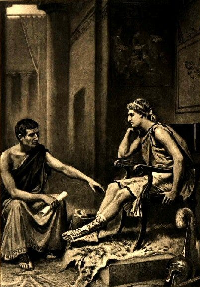 Aristotle talking while sitting next to Alexander the Great, who is on a throne, listening.