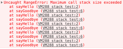 chrome dev tool error when maximum call stack size is reached