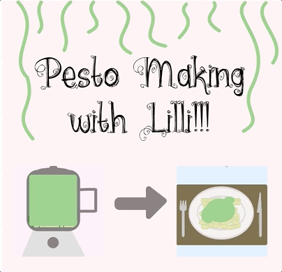 Animated gif that shows a screen that says “Pesto Making with Lilli!!!,” then the cursor clicks on an illustration of a plate of pasta. The next screen shows the plate, and the cursor clicks white circles onto the pasta.