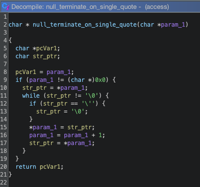 Code from Ghidra decompilation of the function added by the patch. The function loops over each character of the input string, and if it’s a single quote, it is replaced with a null terminator.