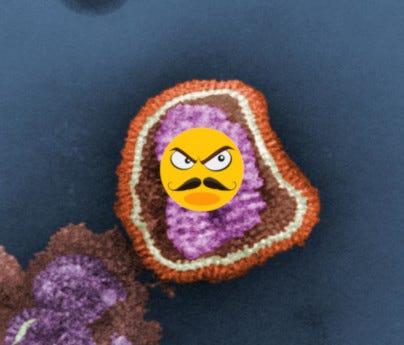 A picture of a flu virus through a microscope with a mean emoji face superimposed.