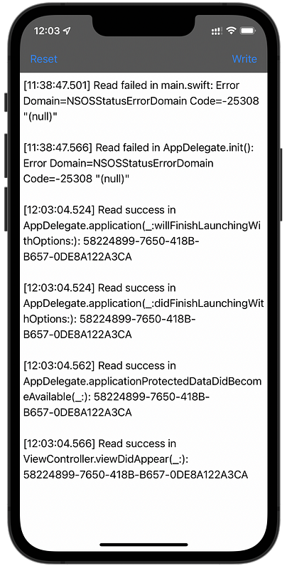 A screenshot of a debugging interface in the app showing log messages that indicate failure or success when attempting to read keychain data at different points in time. This time, the logs include timestamps.