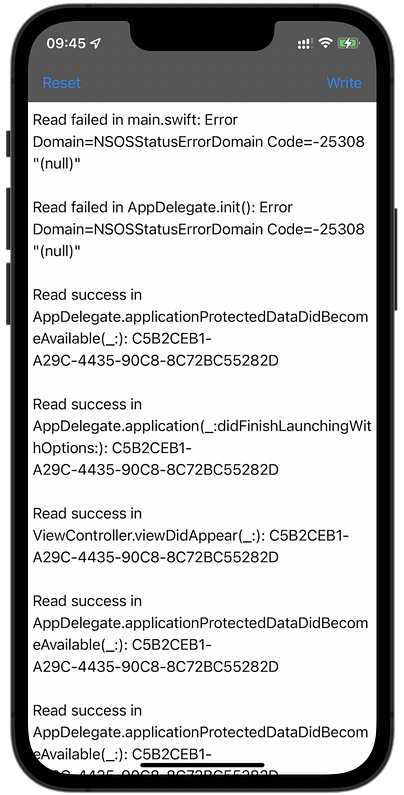 A screenshot of a debugging interface in the app showing log messages that indicate failure or success when attempting  to read keychain data at different points in time.
