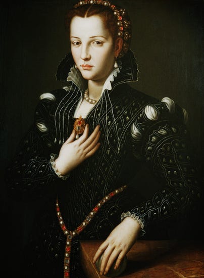 A Renaissance oil painting of a white teenage girl with brown hair, wearing an opulent dark gown and a headband of red jewels