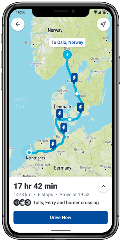 Mobile phone displaying a EV route between Amsterdam and Oslo with suggested charge stations in between
